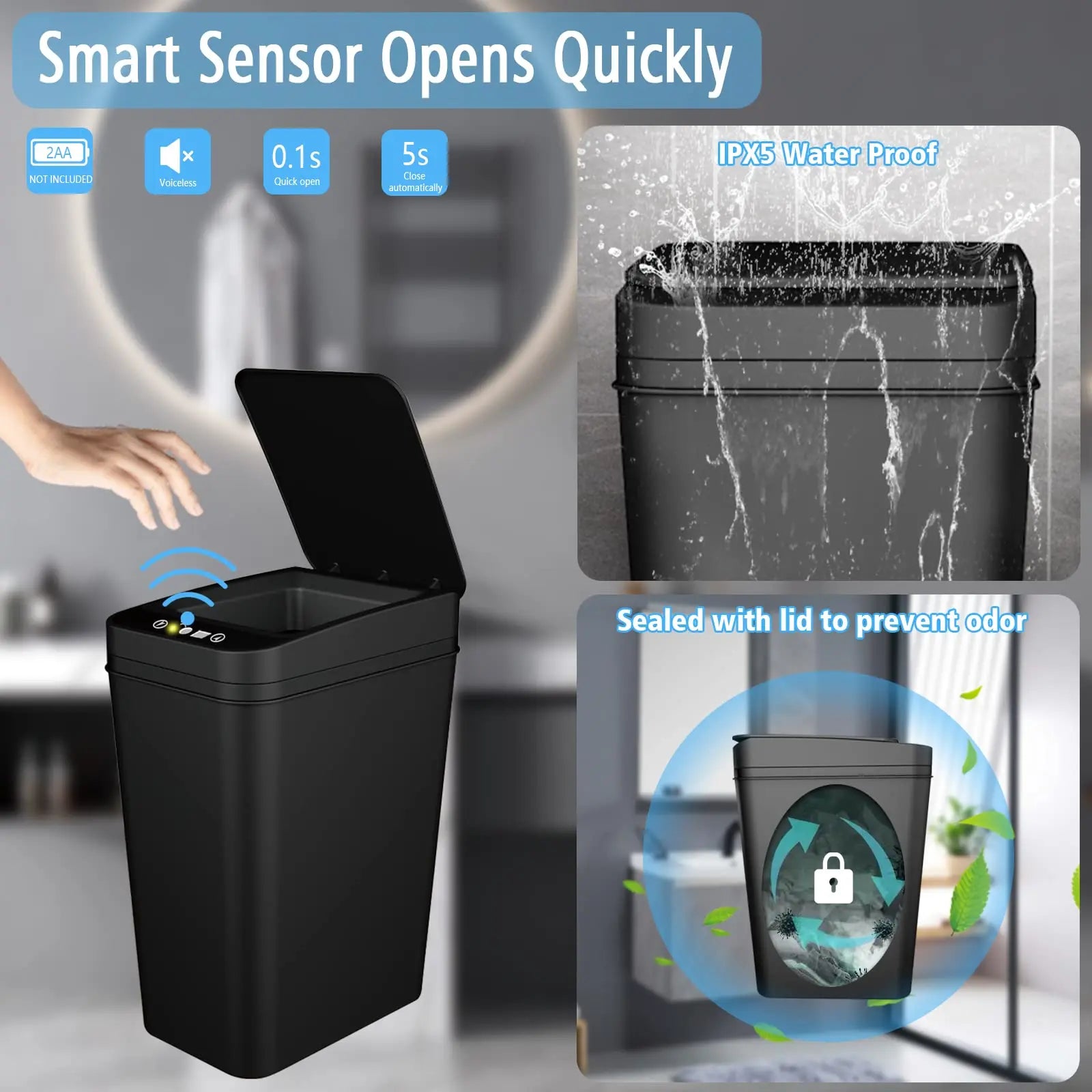 Bathroom Trash Can with Lid Touchless Automatic Garbage Can Slim Motion Sensor Smart Trash Bin for Bedroom,Office,Living Room