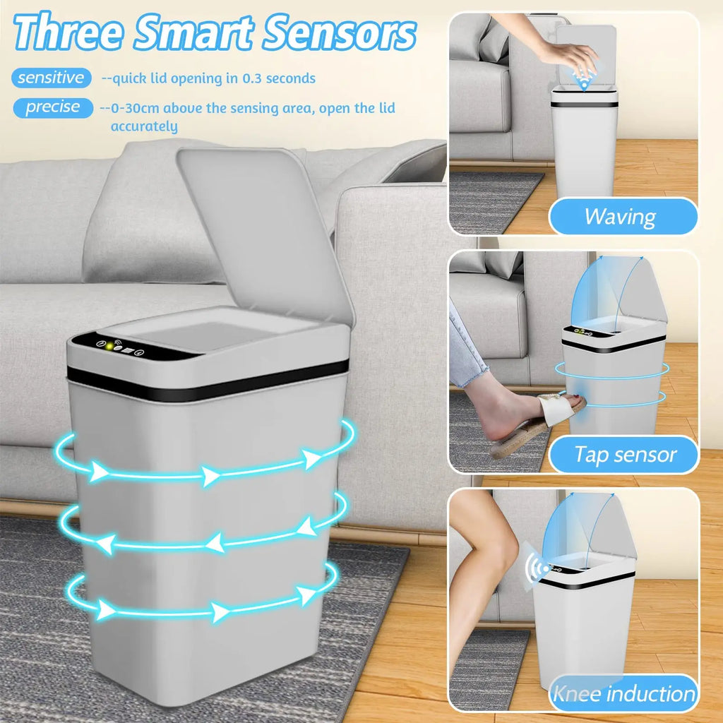 Bathroom Trash Can with Lid Touchless Automatic Garbage Can Slim Motion Sensor Smart Trash Bin for Bedroom,Office,Living Room