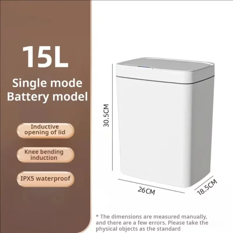Smart Sensor Trash Can 15L Waterproof Intelligent Touchless Electric Garbage Bins for Kitchen Bathroom Bedroom Household Dustbin