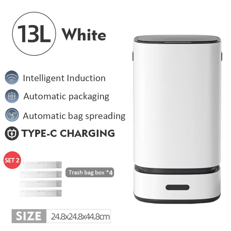 13L Smart Trash Can with Automatic Packing Garbage Bag Bathroom Toilet Trash Can Automatic Close Bag Adsorption Wastebasket