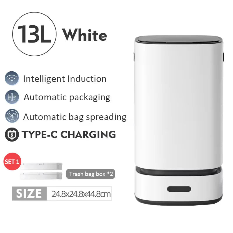 13L Smart Trash Can with Automatic Packing Garbage Bag Bathroom Toilet Trash Can Automatic Close Bag Adsorption Wastebasket