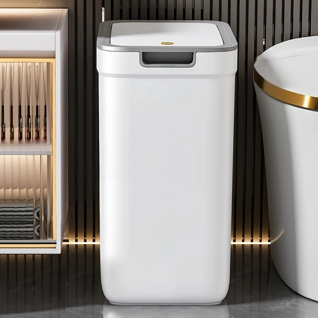 [Touchless Bathroom Trash Can] Odor-Sealing, Touchless Wall-Mounted Bathroom Trash Can | Durable Plastic, Rectangular Design wit