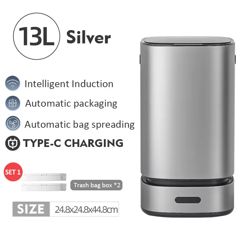 13L Smart Trash Can with Automatic Packing Garbage Bag Bathroom Toilet Trash Can Automatic Close Bag Adsorption Wastebasket