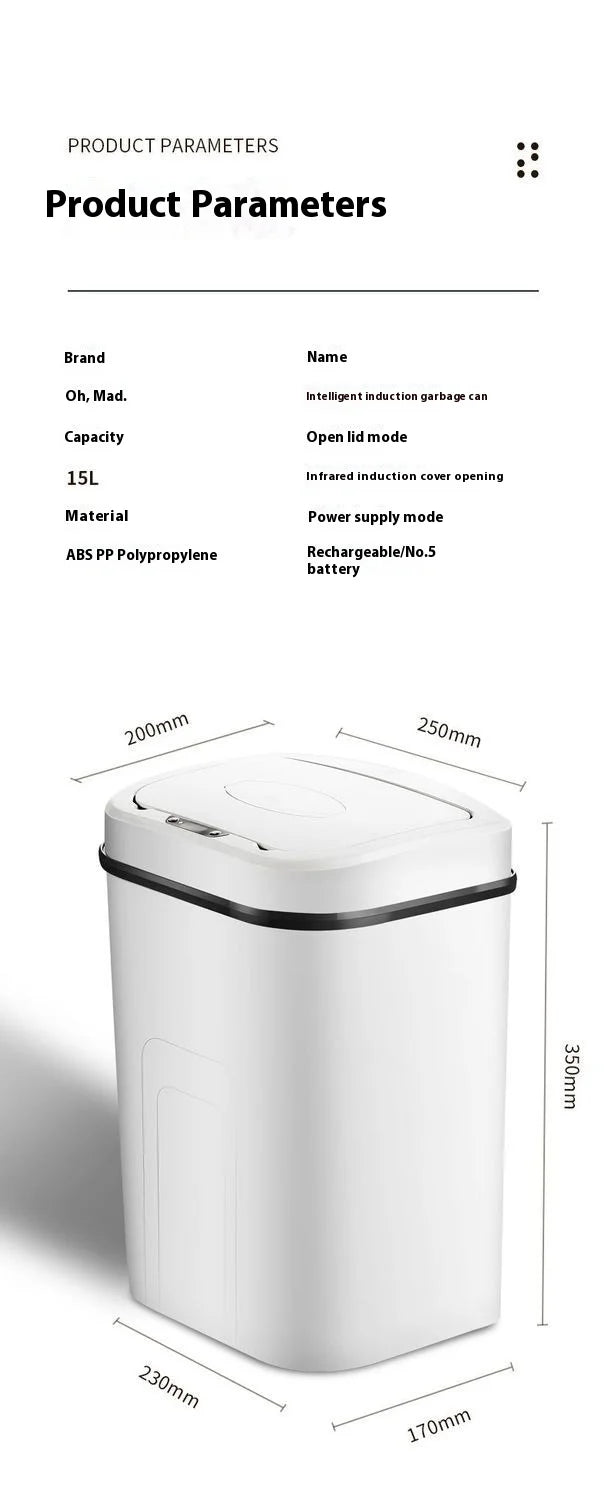 15L Silent Touchless Trash Can with Lid – Waterproof Smart Sensor Dustbin